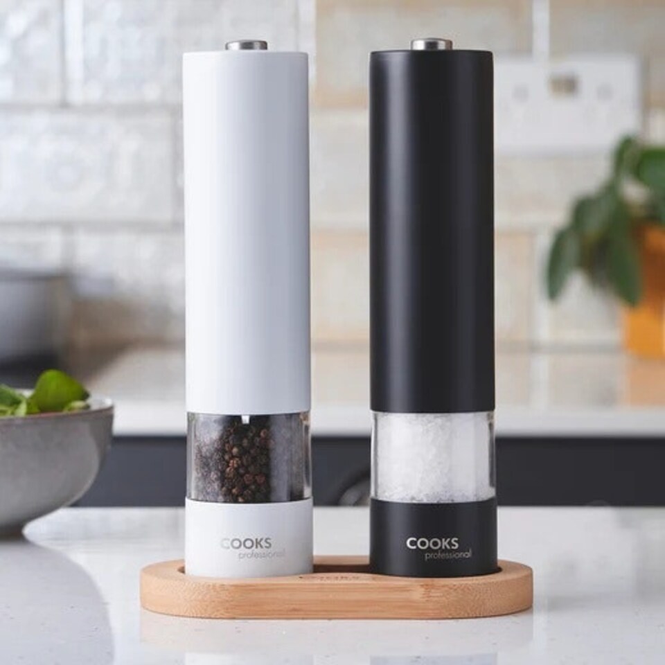 image 1 of Cooks Professional Electric Salt & Pepper Mill Set with Bamboo Base | Adjustable Grind Settings | Simple One-Button Operation | Black & White