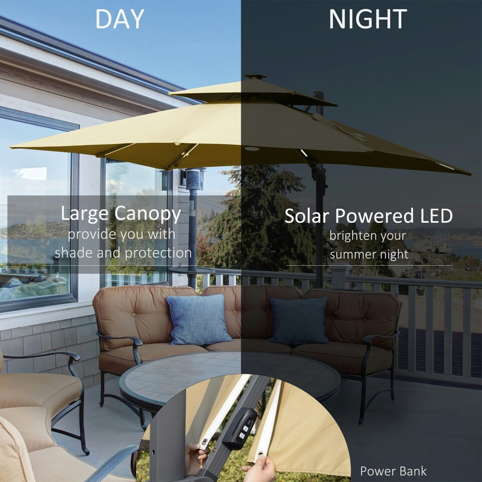 image 1 of Outsunny 3m Cantilever Parasol LED Patio Umbrella for Lawn Beach Poolside Khaki