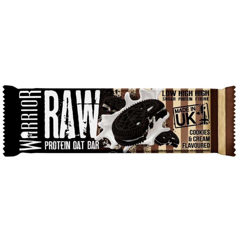 image 1 of Warrior RAW Protein Bars 12 x 75g – 20g High Protein Bar, Low Sugar High Fibre Oat Protein Flapjack – Protein Snacks, Meal Replacement Bars (Cookies & Cream)