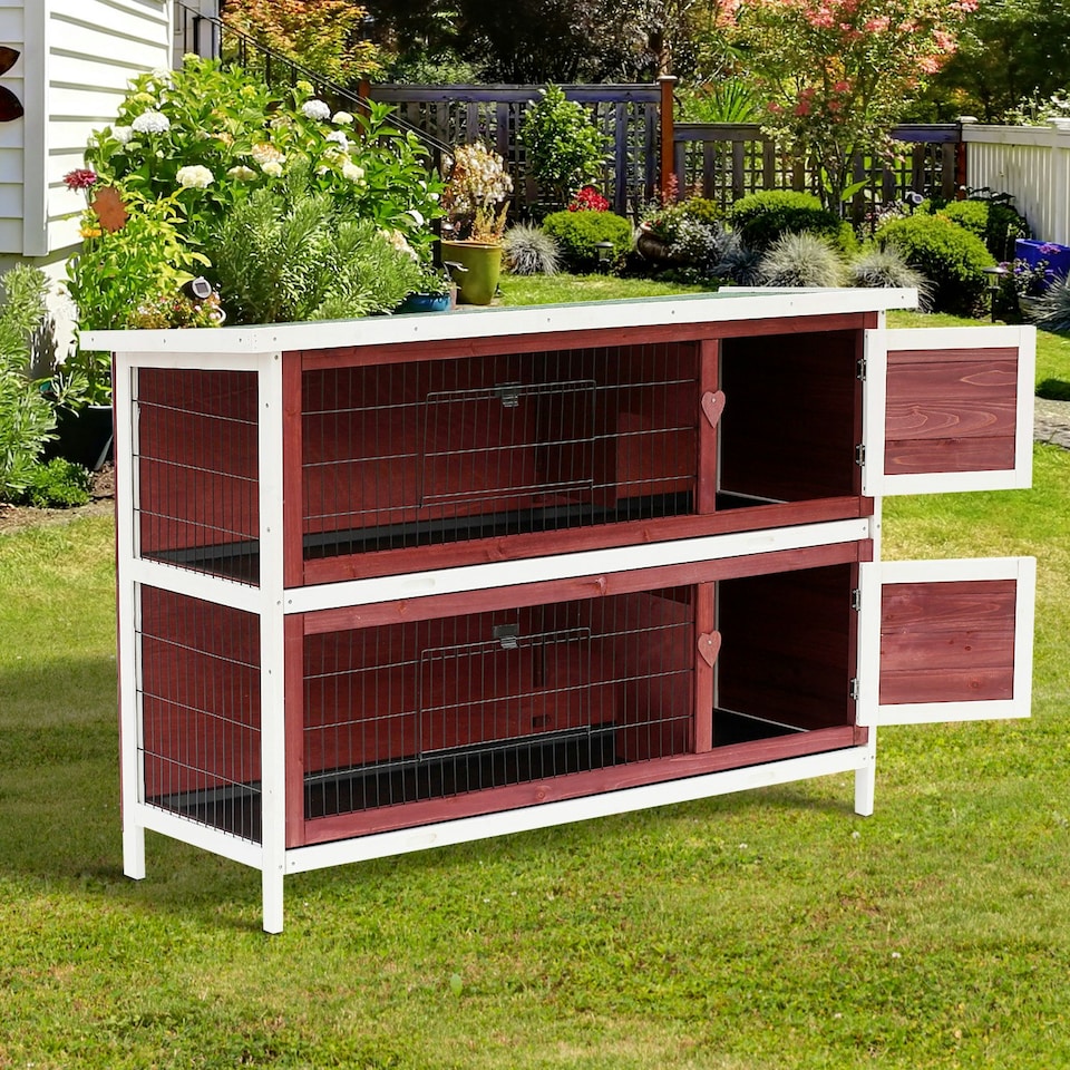 image 1 of PawHut Rabbit Hutch, Guinea Pig Cage 2-Tier Bunny House w/ No-Leak Trays
