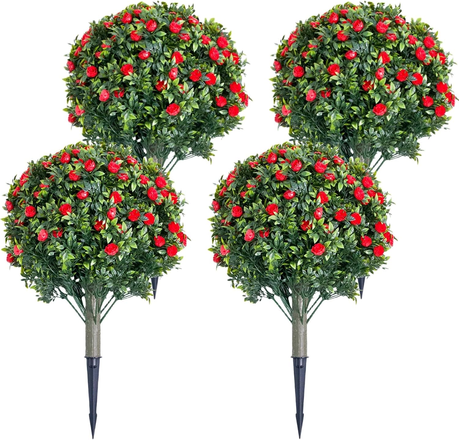 London Boutique UV Resistant Artificial Topiary Ball Trees Set of 4 with Red Rose Flowers â Weatherproof Faux Plant Decor, Realistic PE Leaves, Meta