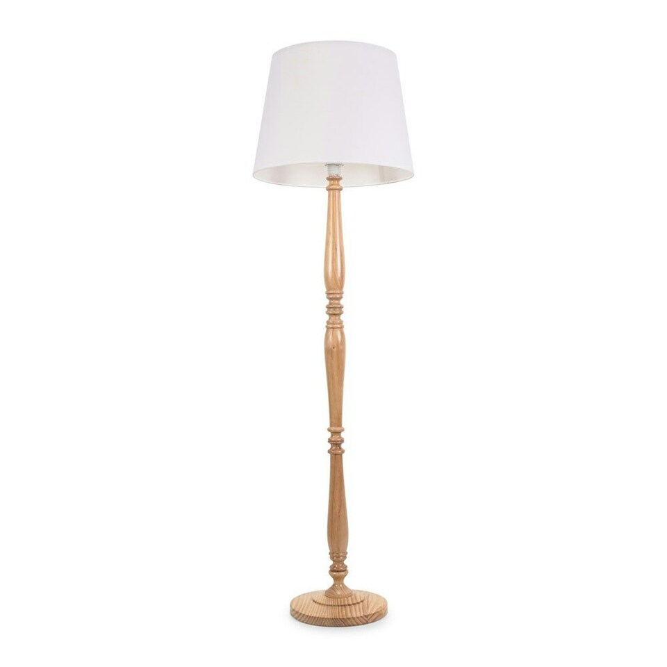 image 1 of ValueLights Victoria Light Wood Traditional Stem Floor Lamp with White Fabric Tapered Shade & Bulb | White