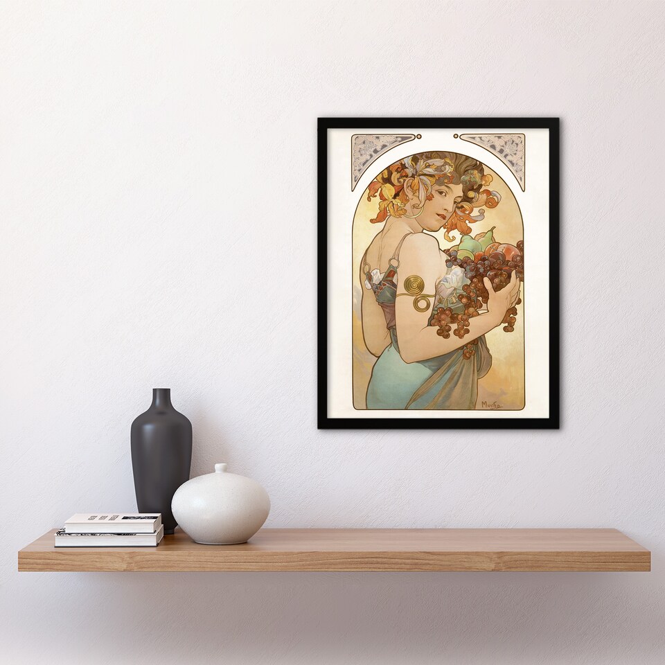 image 1 of Woman With Fruit Art Nouveau France Vintage Framed Wall Art Print Mucha 12x16"