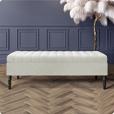 Safar 120cm Ottoman Storage Bench - Plush Velvet Shoe Bench - Cream Lined Upholstery Storage Footstool