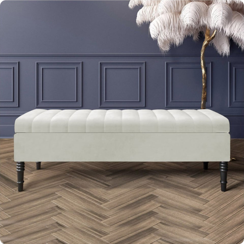 image 1 of Safar 120cm Ottoman Storage Bench - Plush Velvet Shoe Bench - Cream Lined Upholstery Storage Footstool