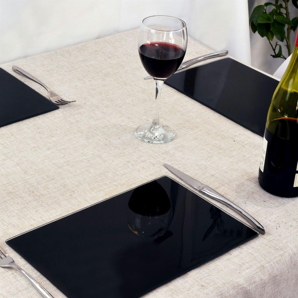 image 1 of Harbour Housewares 12pc Table Set - Black Glass Square Coasters & Placemats - 30 x 20cm Black