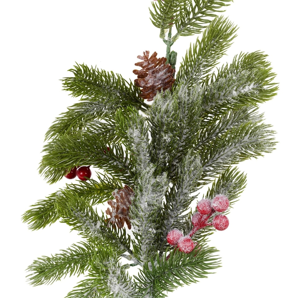 image 1 of 76cm Snowy Christmas Branch Flocked Pine Cone Red Holly Berries Pick Xmas Decor | Multi | 1