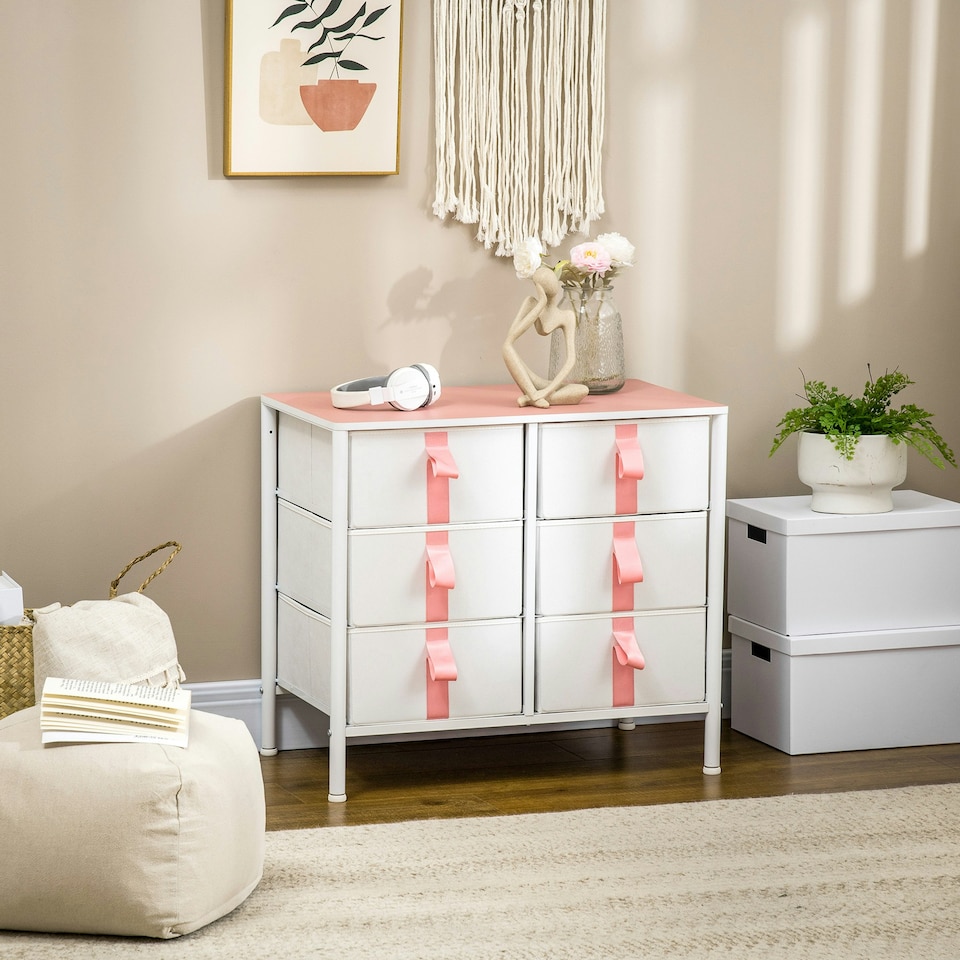 image 1 of HOMCOM 6 Drawer Chest of Drawers w/ Wooden Top Kid Room Closet Hallway Pink