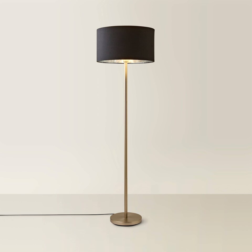 image 1 of ValueLights Charlie Brushed Chrome Floor Lamp Black Chrome Shade and Bulb