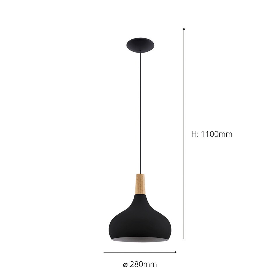 image 1 of EGLO Sabinar Metal/Wood Black & Brown Single Pendant, 28cm | White