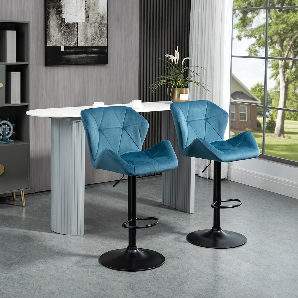 image 1 of HOMCOM Bar Stools Set Of 2, Luxurious Velvet-Touch Barstools with Metal Frame Footrest Round Base Triangle Indenting Moulded Seat Adjustable Height Swivel Blue
