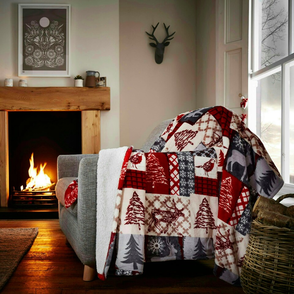 image 1 of Christmas Patchwork Sherpa Fleece Throw