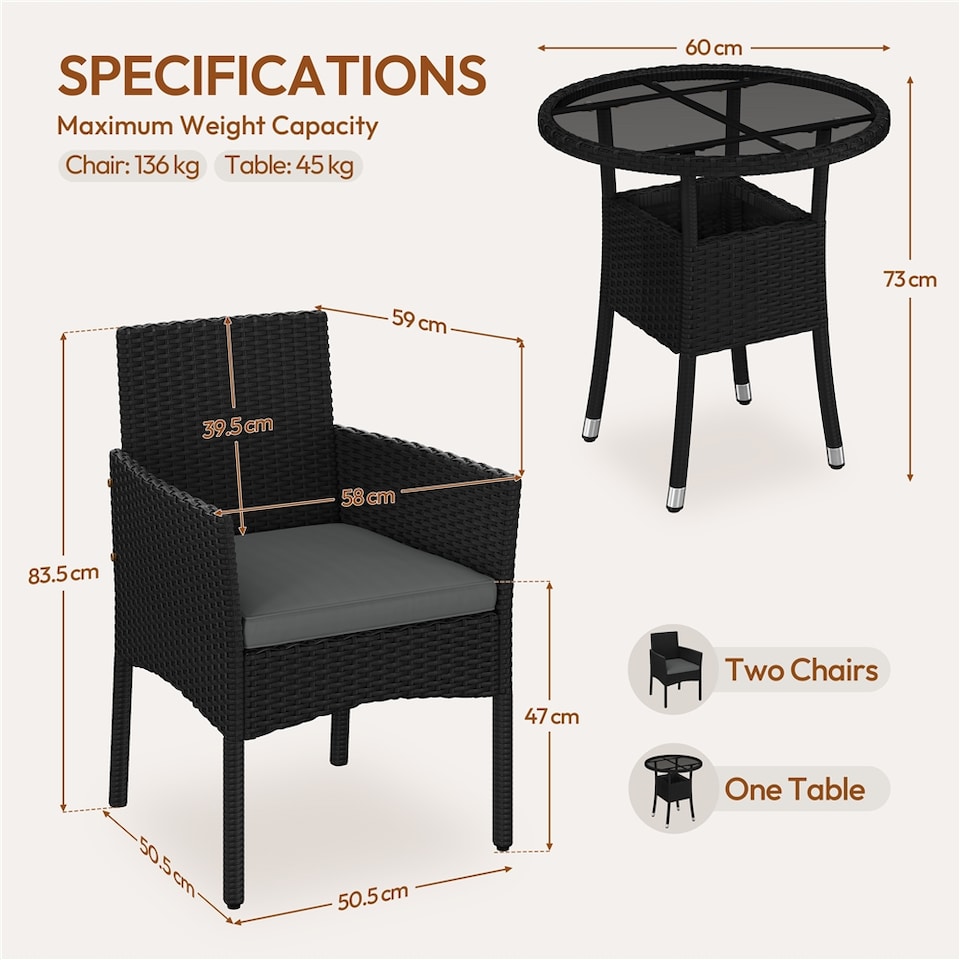 image 1 of Yaheetech 3-Piece Rattan Furniture Set, Woven PE Rattan Chairs & 1 Tempered-Glass Side Table-Black&Grey | Multi | Black/Grey