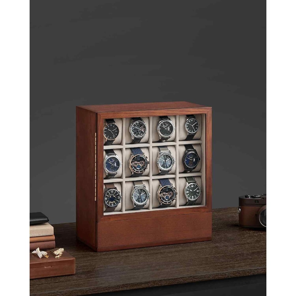 image 1 of Wooden Watch Box with 12 Slots, Glass Display Lid, Vertical Watch Storage Case, Coffee Brown