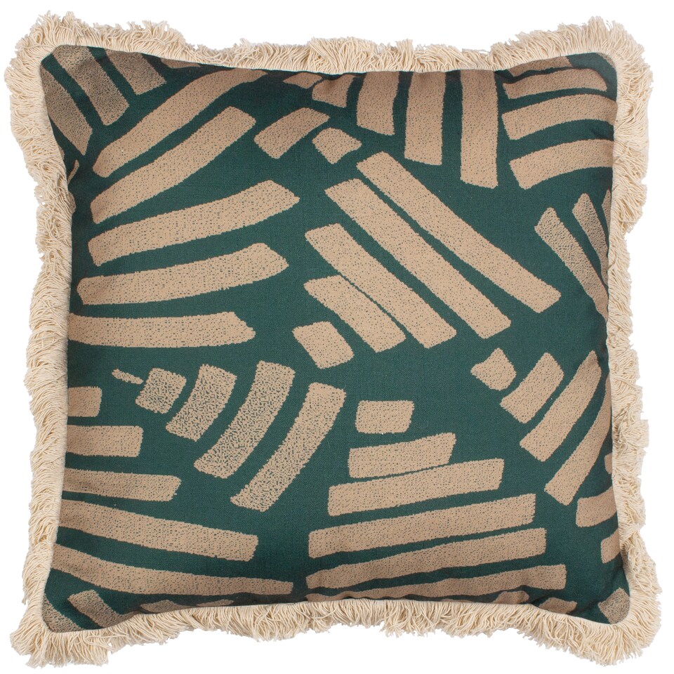 image 1 of Paoletti Oromo Printed Geometric Fringed Cushion, Green, 45 x 45cm