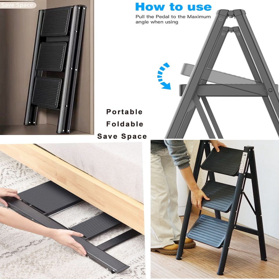 image 1 of Gr8 Home 3 Step Ladder Black Folding Stool Non Slip Heavy Duty Carbon Steel Lightweight