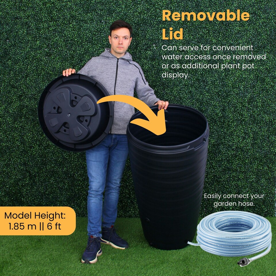 image 1 of Water Butt Kit with Tap, Diverter & Bio Cleaner –  Rainwater Collector for Garden, Balcony & Terrace – Durable Plastic Water Storage Tank Black | 240L