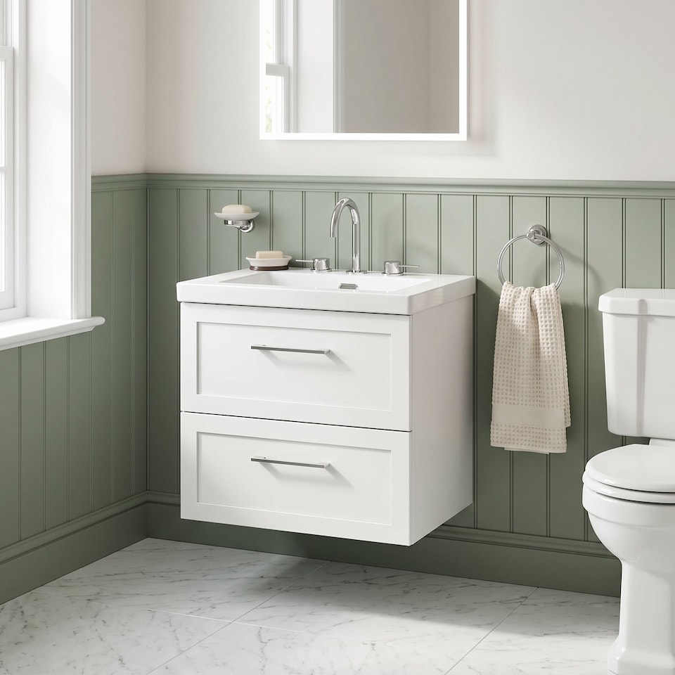 image 1 of Balterley Stonnall Traditional Wall Hung 2 Drawers Vanity Unit with 3 Tap Hole Fireclay Basin, 600mm, Matt White