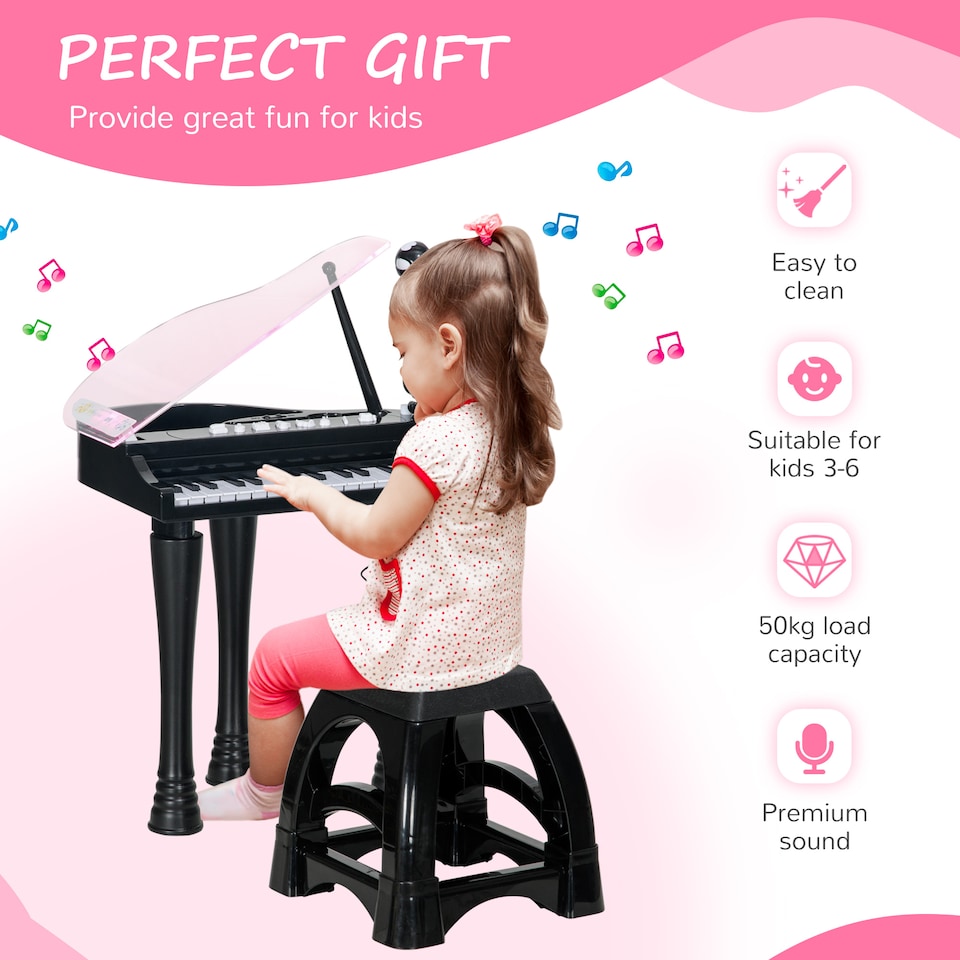 image 1 of AIYAPLAY 32 Keys Kids Piano Keyboard with Stool, Lights, Microphone, Multiple Sounds, Removable Legs, Electronic Musical Instrument for Boys Girls, Black