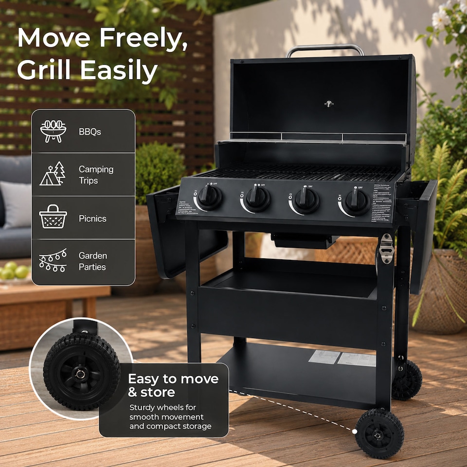 image 1 of 4 Burner Steel Gas BBQ Grill Outdoor Side Shelves Rack Bottle Opener