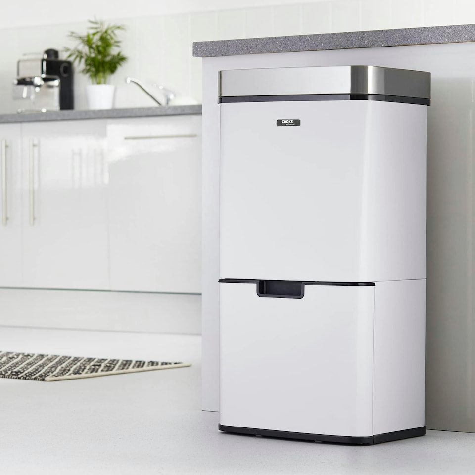 image 1 of Cooks Professonal Recycling Sensor Bin | 75L | 3 Compartments plus Food Caddy | Stainless Steel | White & Silver