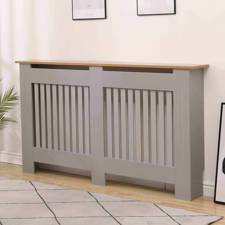 image 1 of Oypla Large Grey Wooden Slatted Grill Radiator Cover MDF Cabinet