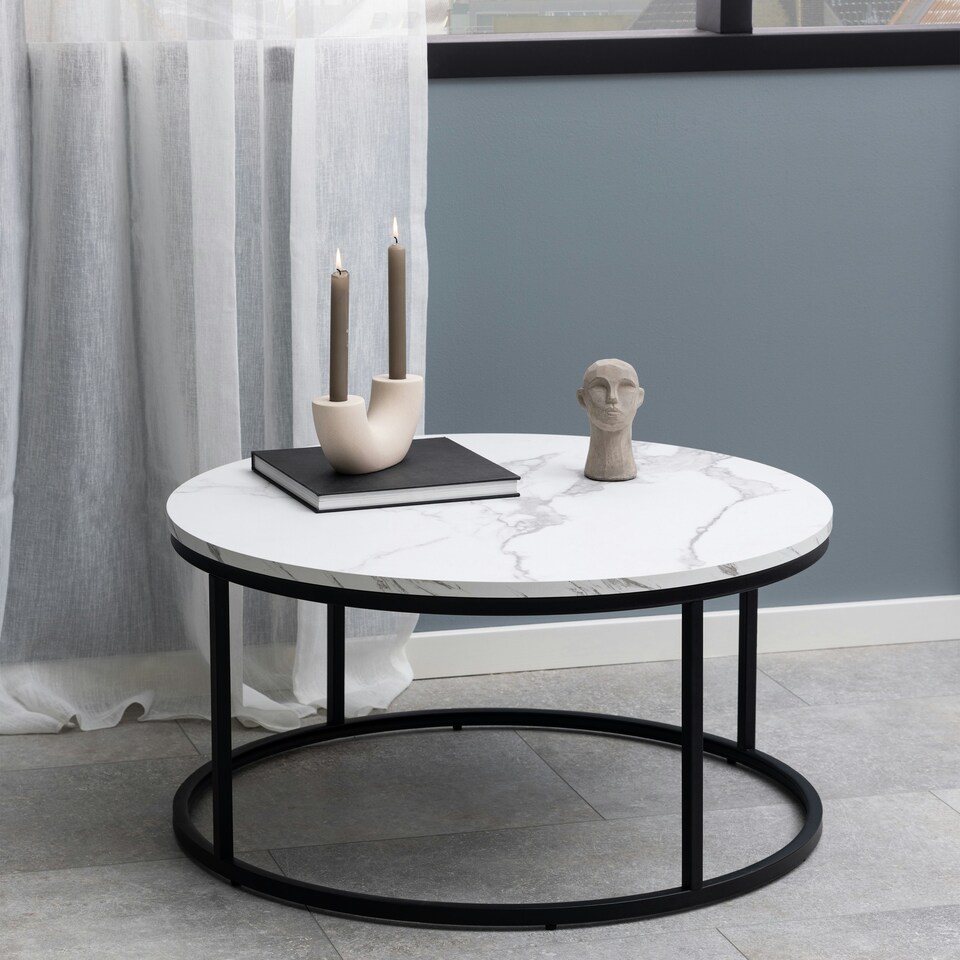 image 1 of Spiro Coffee Table with White Marble Melamine Top & Black Legs