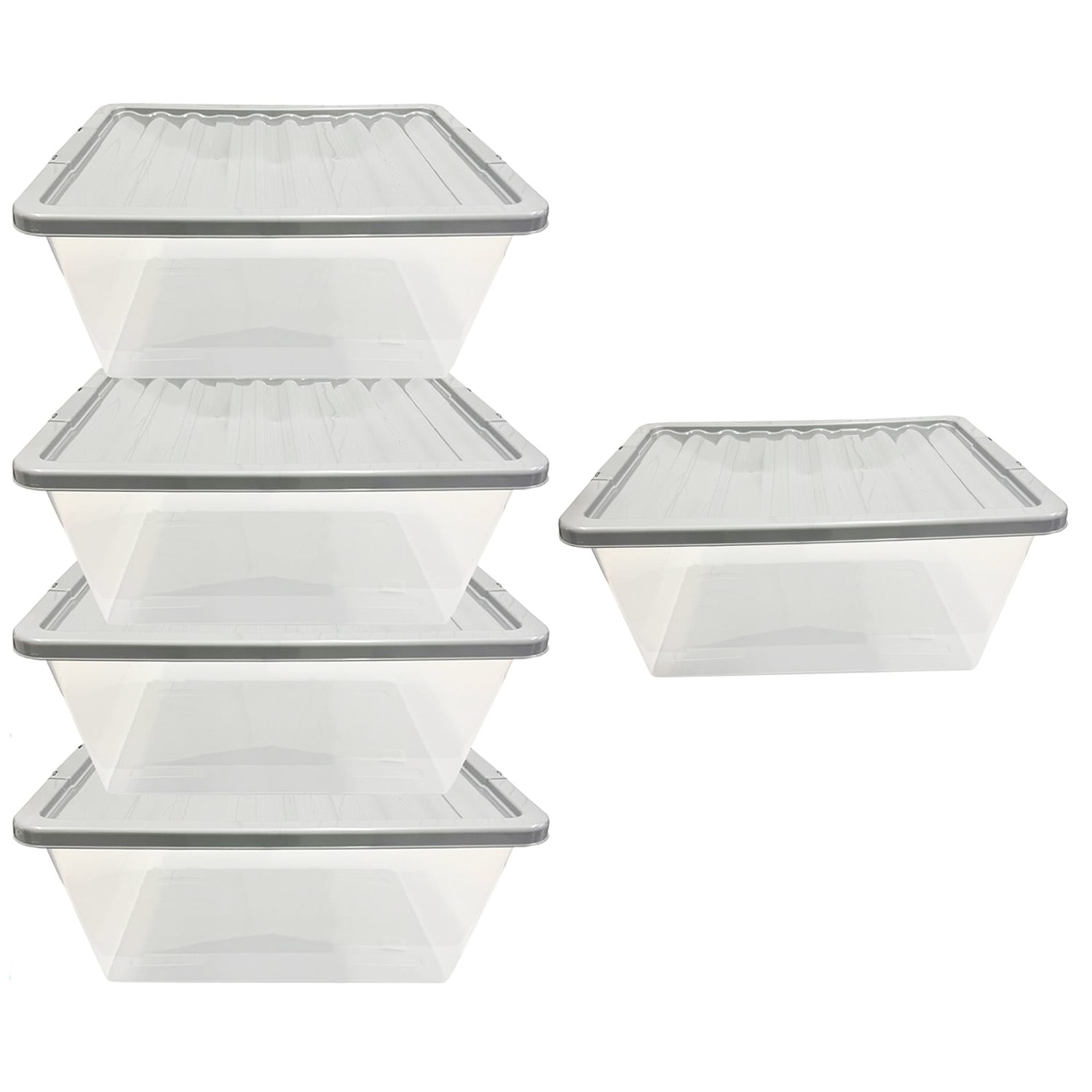 Pack Of 5 Strong 62 Litre Multipurpose Household Plastic Storage Containers With Silver Lids