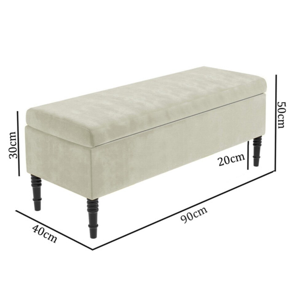 image 1 of 90cm Paris Plain Ottoman Storage Bench -Naples Shoes Bench with Black Turned Wooden Legs - Cream Upholstery Storage Footstool