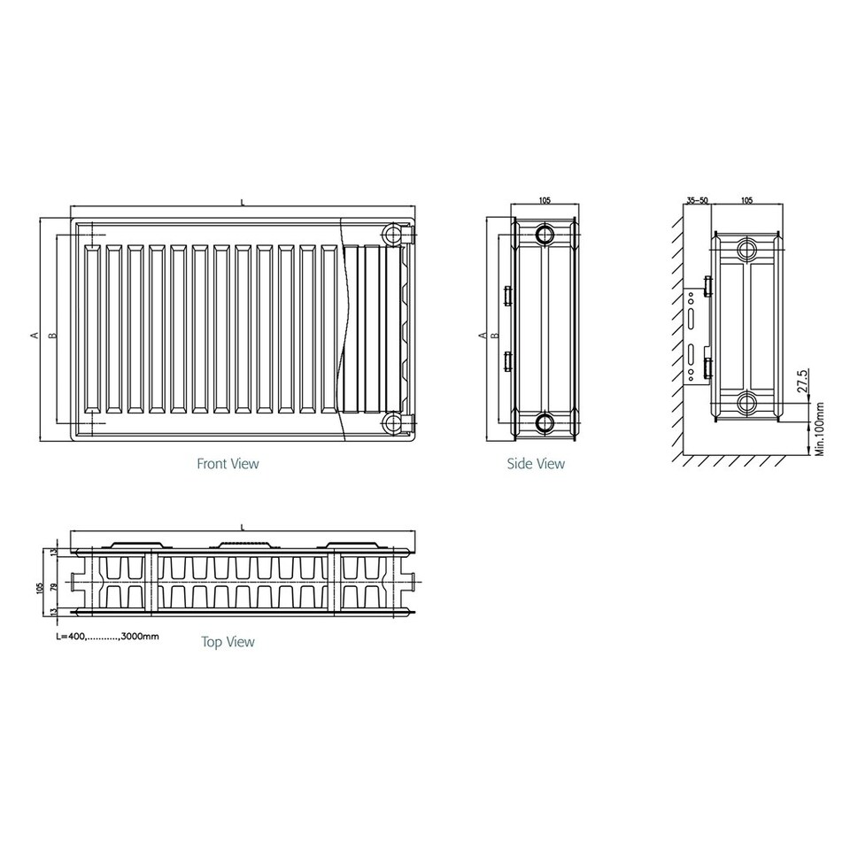 image 1 of 300mm (H) x 600mm (W) - Type 22 Radiator - Double Panel - Double Convector - White Enamel (RAL 9016) - (0.3m x 0.6m) (12" x 24")