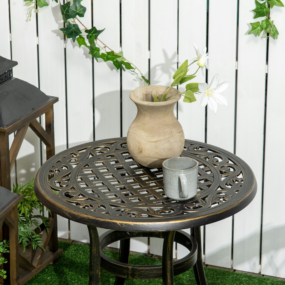 image 1 of Outsunny 60cm Round Hollow Top Design Side Table with Cast Aluminum Frame
