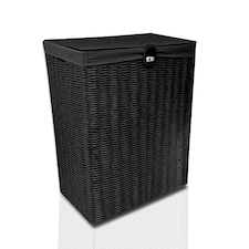Black Resin Laundry Clothes Basket with Lid, Lock & Removable Washable Lining – Wicker Effect Laundry Storage Hamper for Bedroom, Bathroom & Utility Room