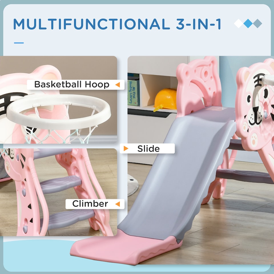 image 1 of AIYAPLAY Kids Slide with Basketball Hoop, Basketball, for 18-36 Months, Pink