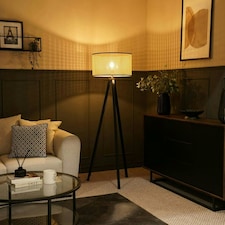 ValueLights Barbro Black Tripod Floor Lamp Wicker Trim Shade & Bulb