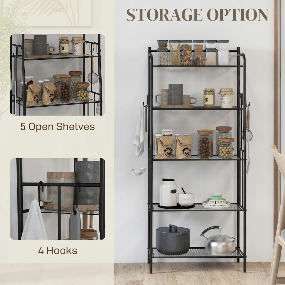 image 1 of HOMCOM 5-Tier Kitchen Storage Unit, Microwave Stand with Open Shelves and Hooks