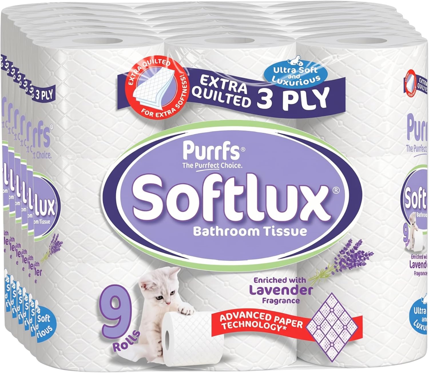 Softlux Purrfs 3-Ply, Lavender Scented Quilted & Embossed Toilet Paper, Ultra Soft, Strong & Skin Kind, Premium Bathroom Tissue, 100% Virgin Pulp, Bulk Pack 9 Loo Rolls
