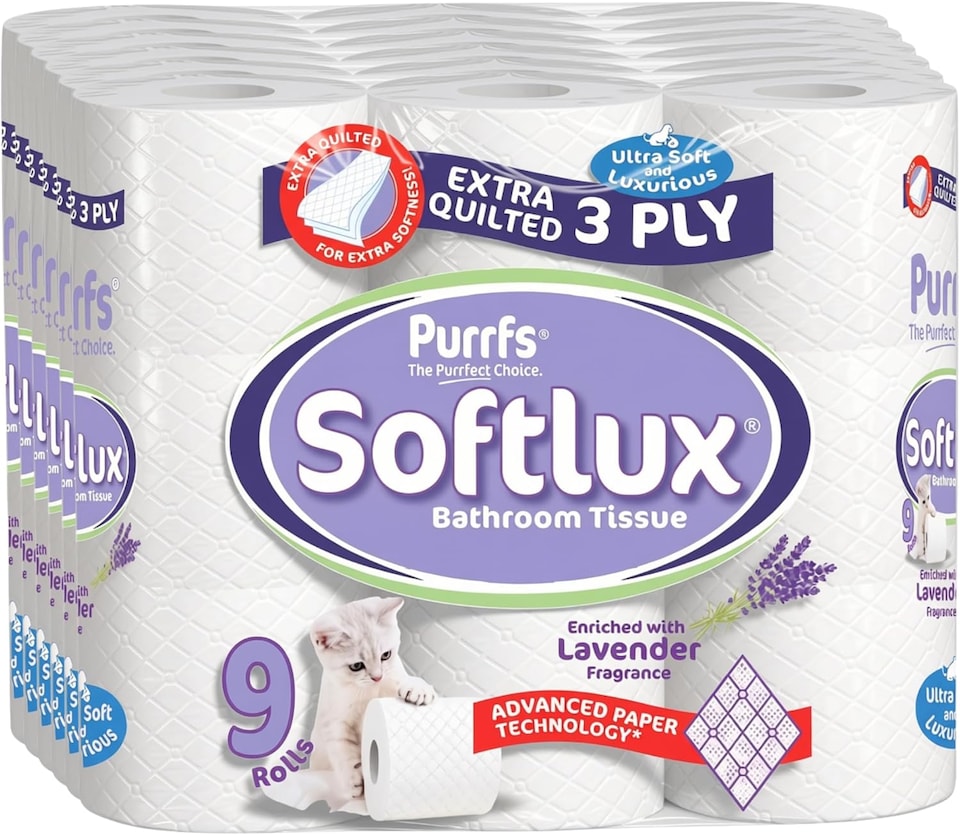 image 1 of Softlux Purrfs 3-Ply, Lavender Scented Quilted & Embossed Toilet Paper, Ultra Soft, Strong & Skin Kind, Premium Bathroom Tissue, 100% Virgin Pulp, Bulk Pack 9 Loo Rolls