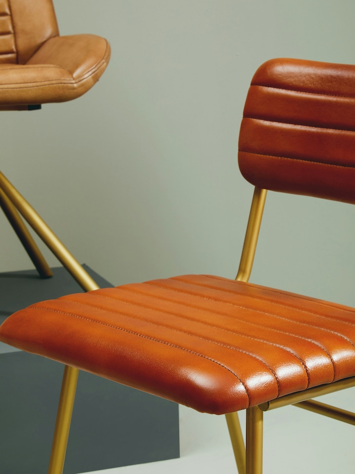 image 1 of Interiors by Premier Tan Leather Dining Chair, Sturdy Dining Room Chair, Leather Effect Accent Chair | Brown