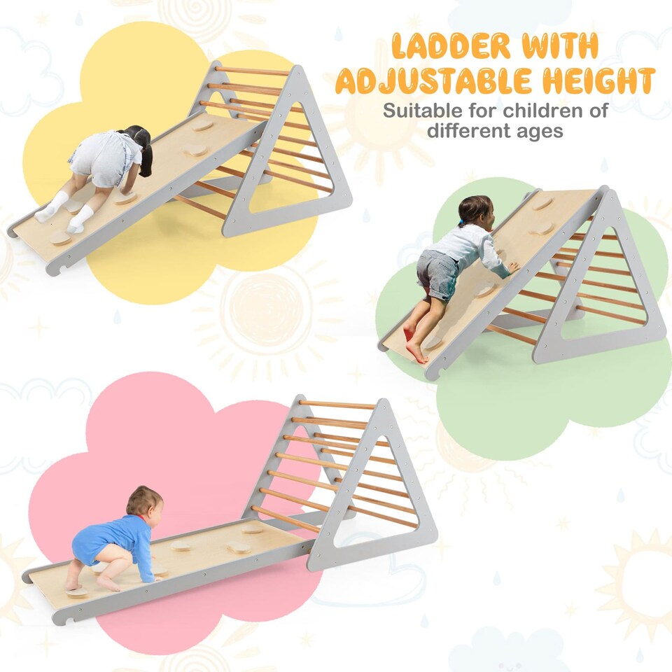 image 1 of COSTWAY 3 in 1 Toddler Climbing Toy Set Wooden Climber Log Bridge Activity Center-Grey