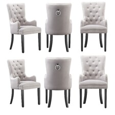 Set of 6 Velvet Dining Chairs with Armrest, Ergonomic Scoop Knockerback & Button Tufted Wood Legs Grey | Light Grey