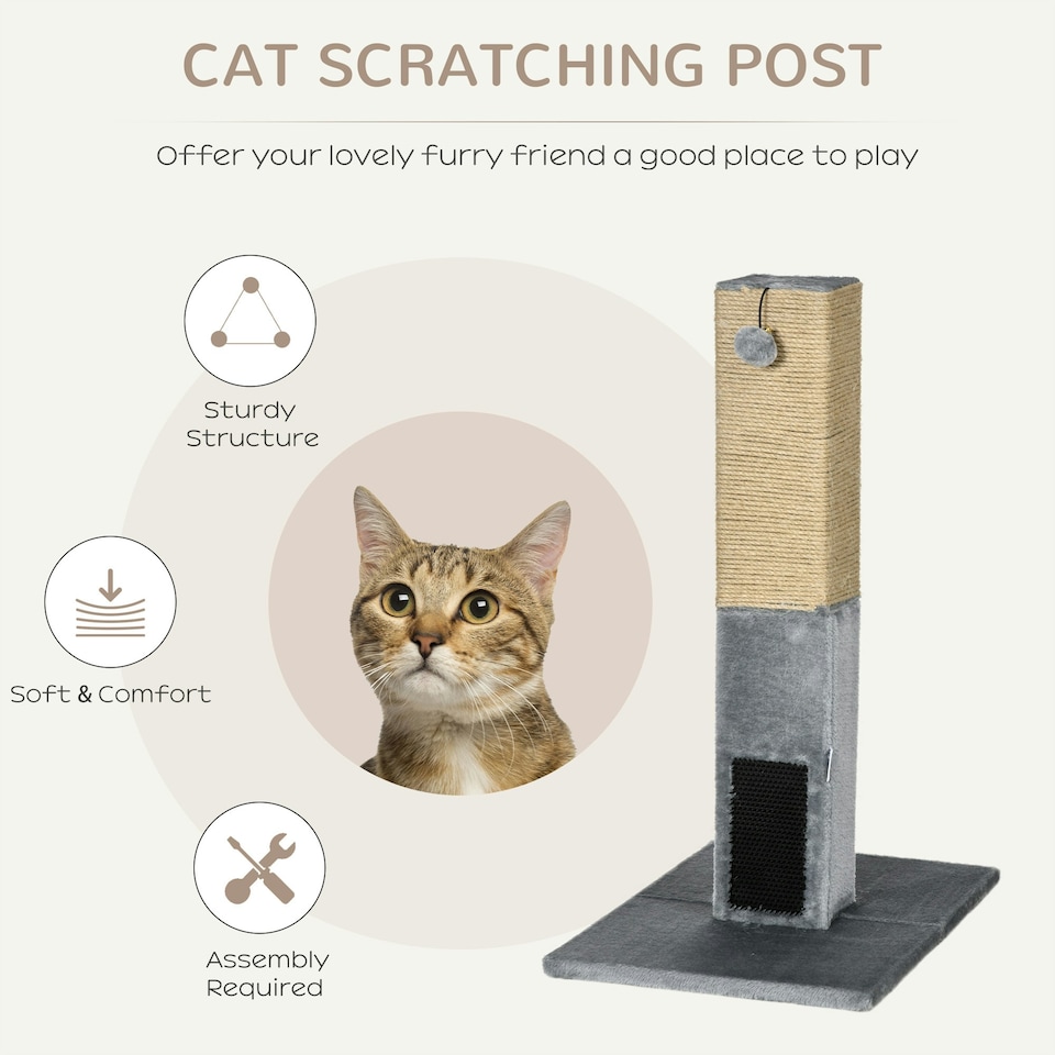 image 1 of PawHut 79cm Jute Scratcher Climber with Toy, Self Grooming Brush, Grey