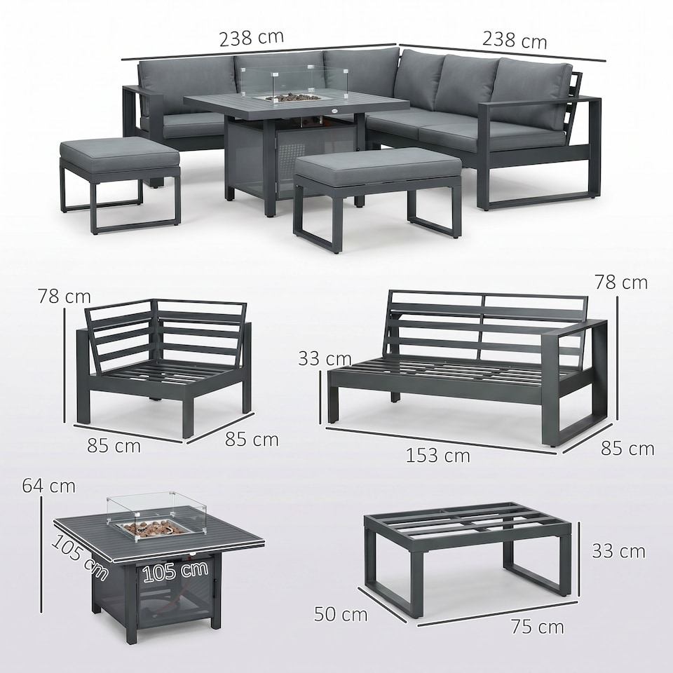 image 1 of Outsunny 6-Piece Garden Furniture Set with Firepit Table Outdoor Sofa Aluminium | Grey