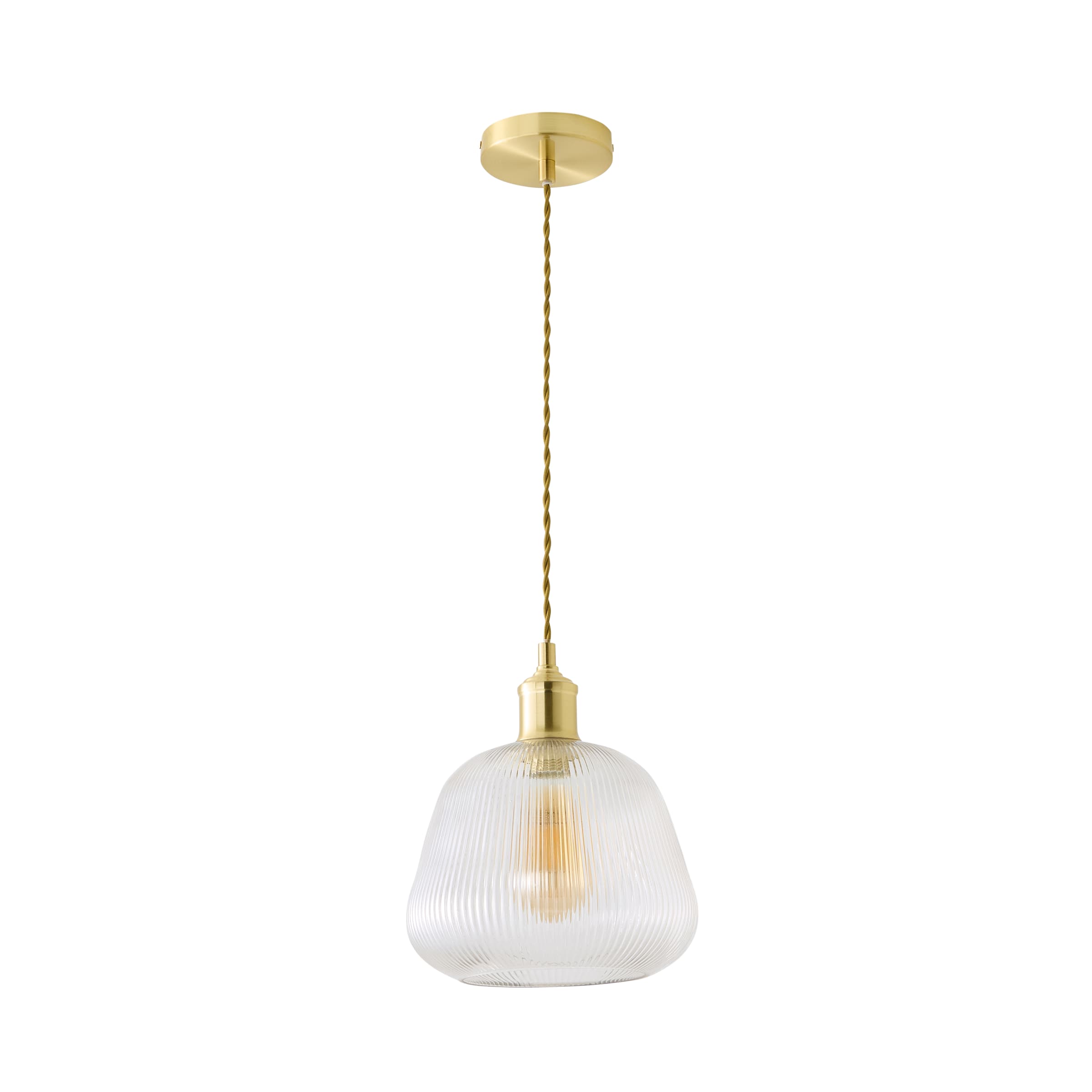 ValueLights Delora Ribbed Bell Glass Shade Single Ceiling Pendant Light & Bulb in Gold