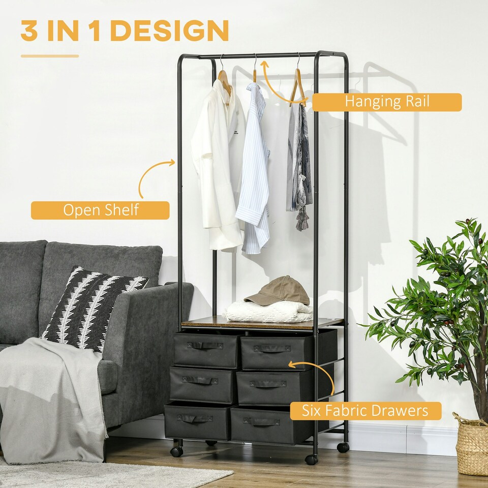 image 1 of HOMCOM Hanging Clothes Rail Clothes Rack w/ 6 Fabric Drawers for Hallway Bedroom