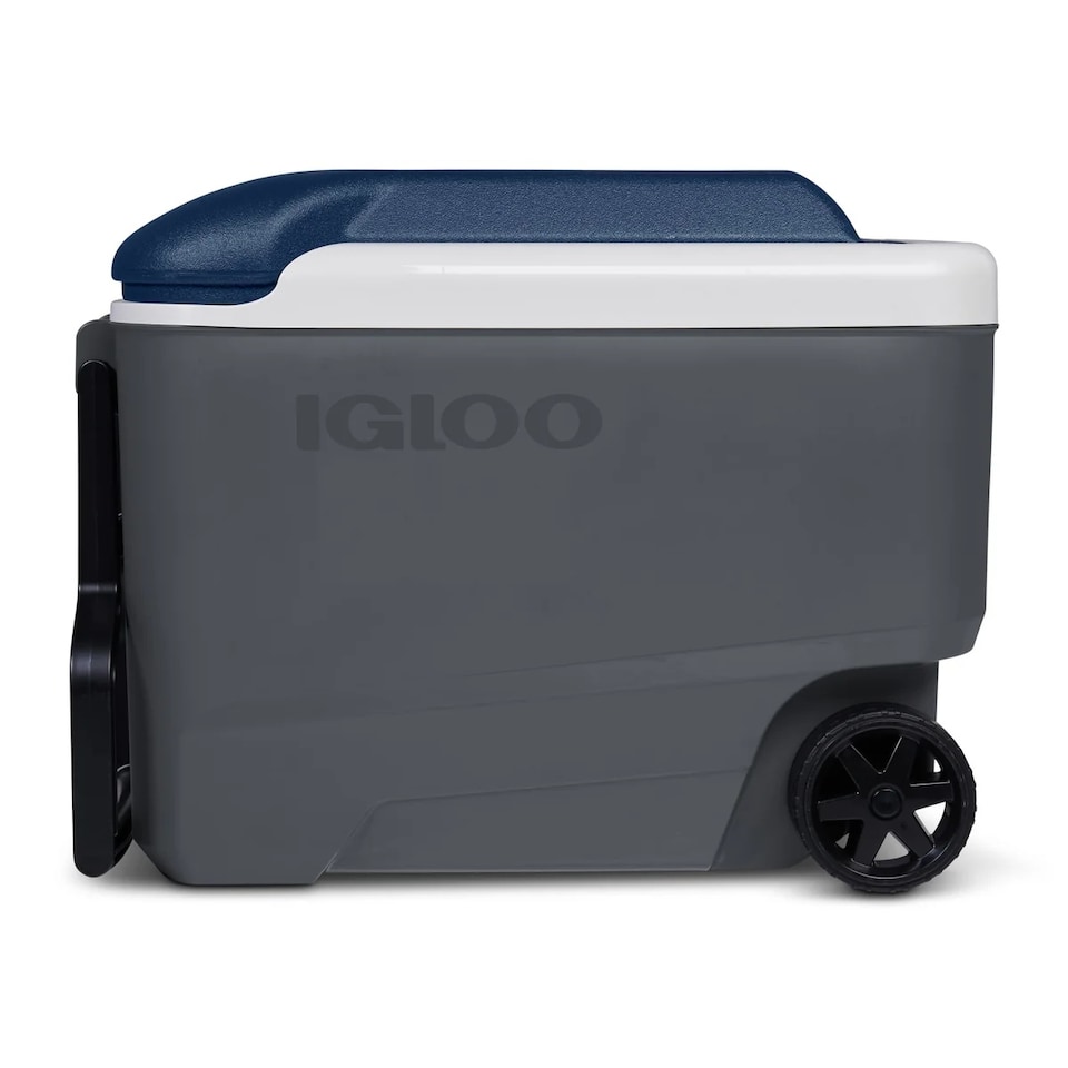Igloo MaxCold Roller Cooler 40 Quart - Jet Carbon/Ice Blue/White, Wheels & Tow Handle, Extended Cold Retention