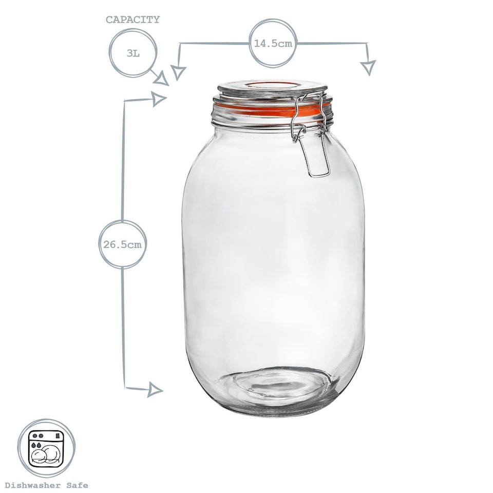 image 1 of Argon Tableware Glass Storage Jars - 3 Litre - Set of 3 - 4 Colour Seals Airtight Kitchen Storage Container Preserving Jar