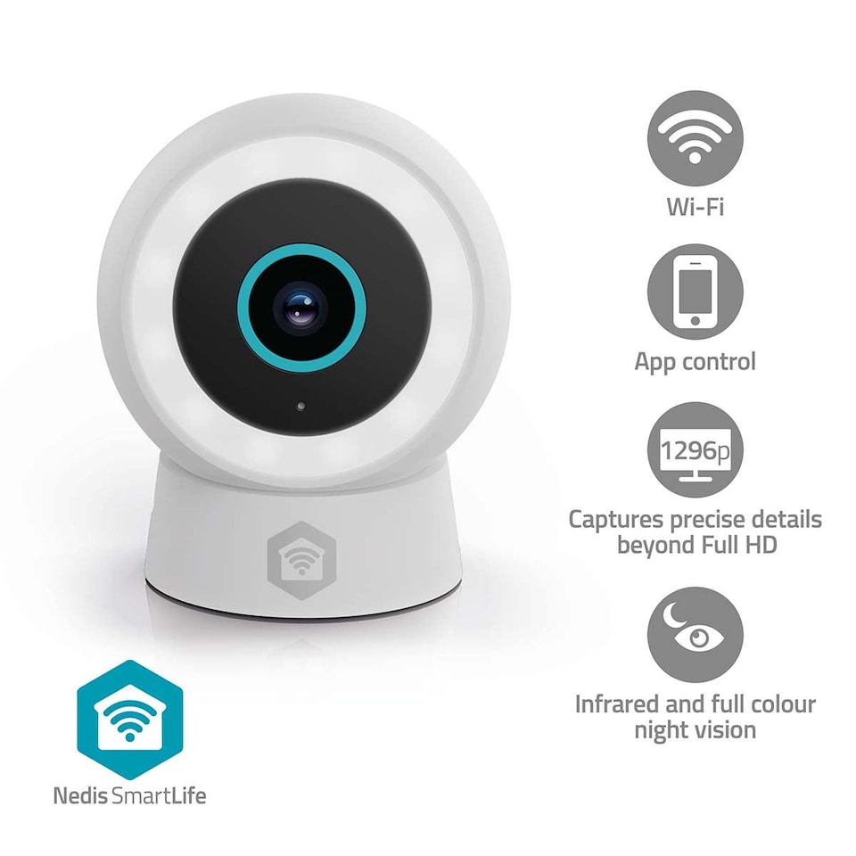 image 1 of NEDIS Wi-Fi Smart Outdoor Camera, 3MP 1296p, Motion Sensor, AI Human Detection, Dimmable Spotlight Full-Colour Night Vision, Two-Way Audio, IP65 Weatherproof - White