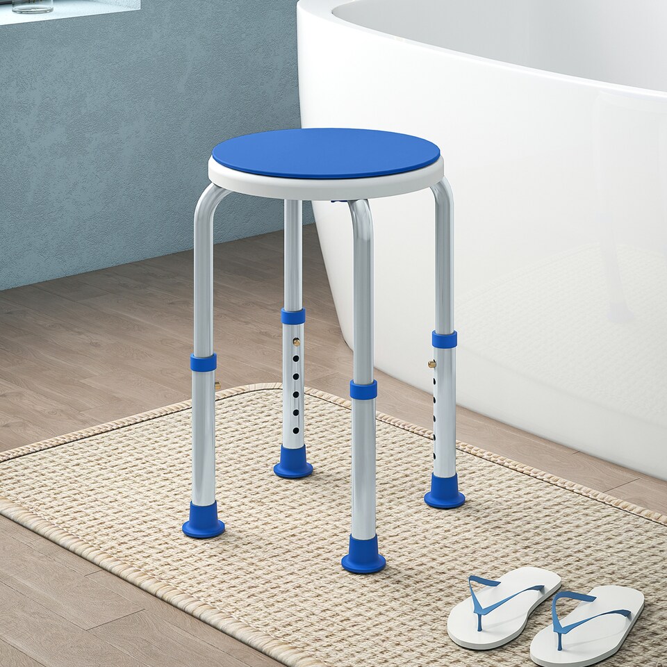 image 1 of HOMCOM 360 Swivel Seat Bath Shower Stool, Adjustable Height Shower Chair with Aluminium Frame Non-Slip Feet Chair Safe Support Home Assistance, Blue