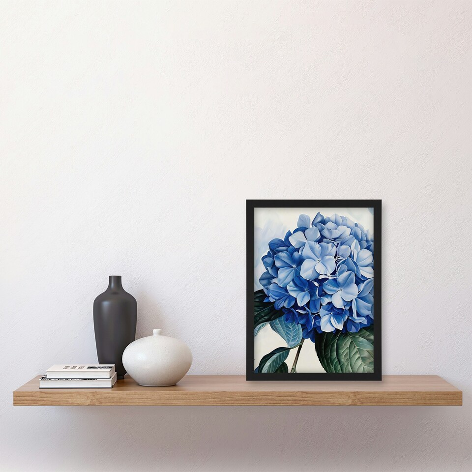 image 1 of Hydrangea Modernist Floral Calm Living Room Black Framed Wall Art Print A4