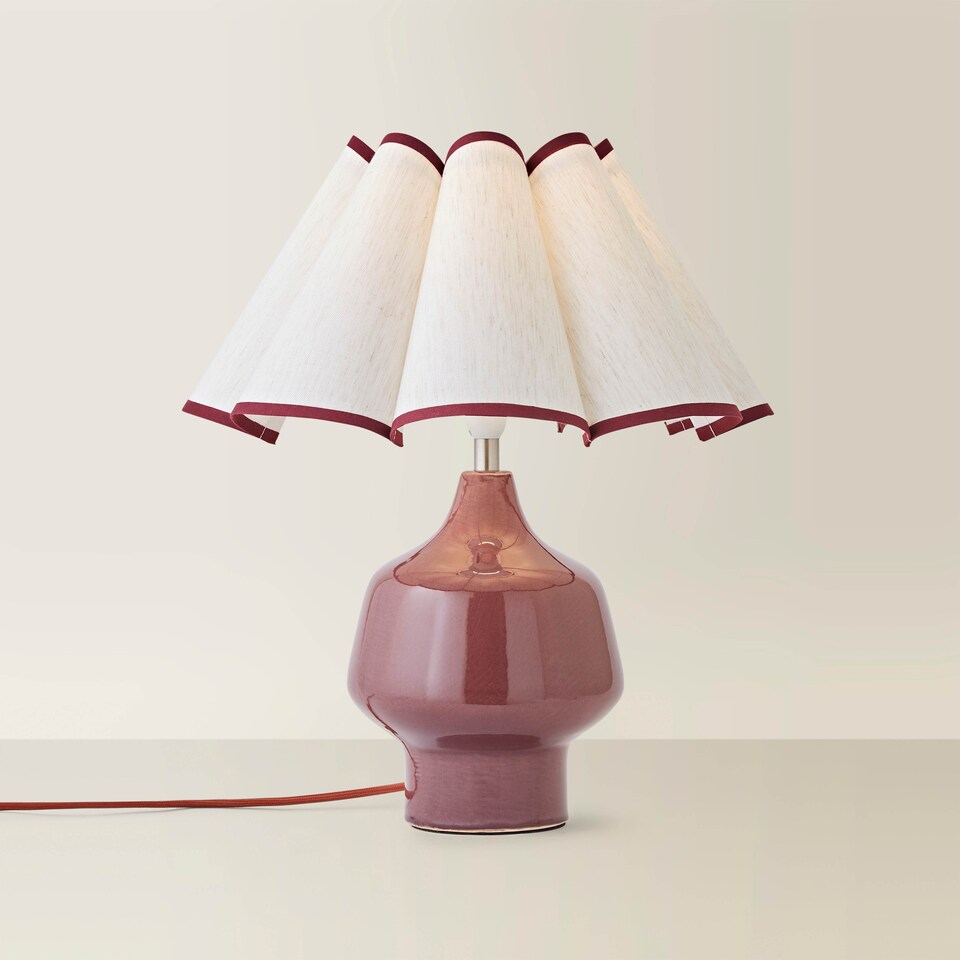 image 1 of ValueLights Jamie Burgundy Ceramic Table Lamp Scallop Trim Shade and Bulb